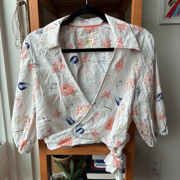 Anthropologie White Puff Sleeve Wrap Crop Blouse with Eyelet & Seashells- Size L - Picture 6 of 8